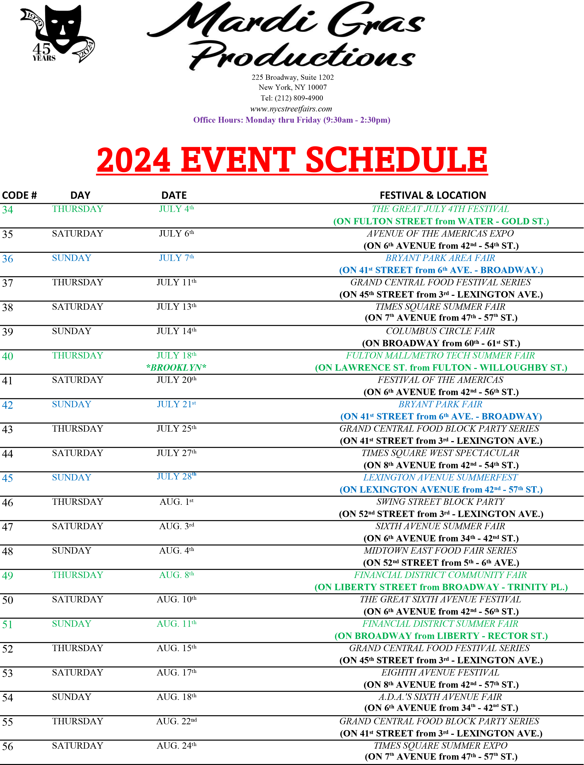 Event Schedule NYC street Fairs