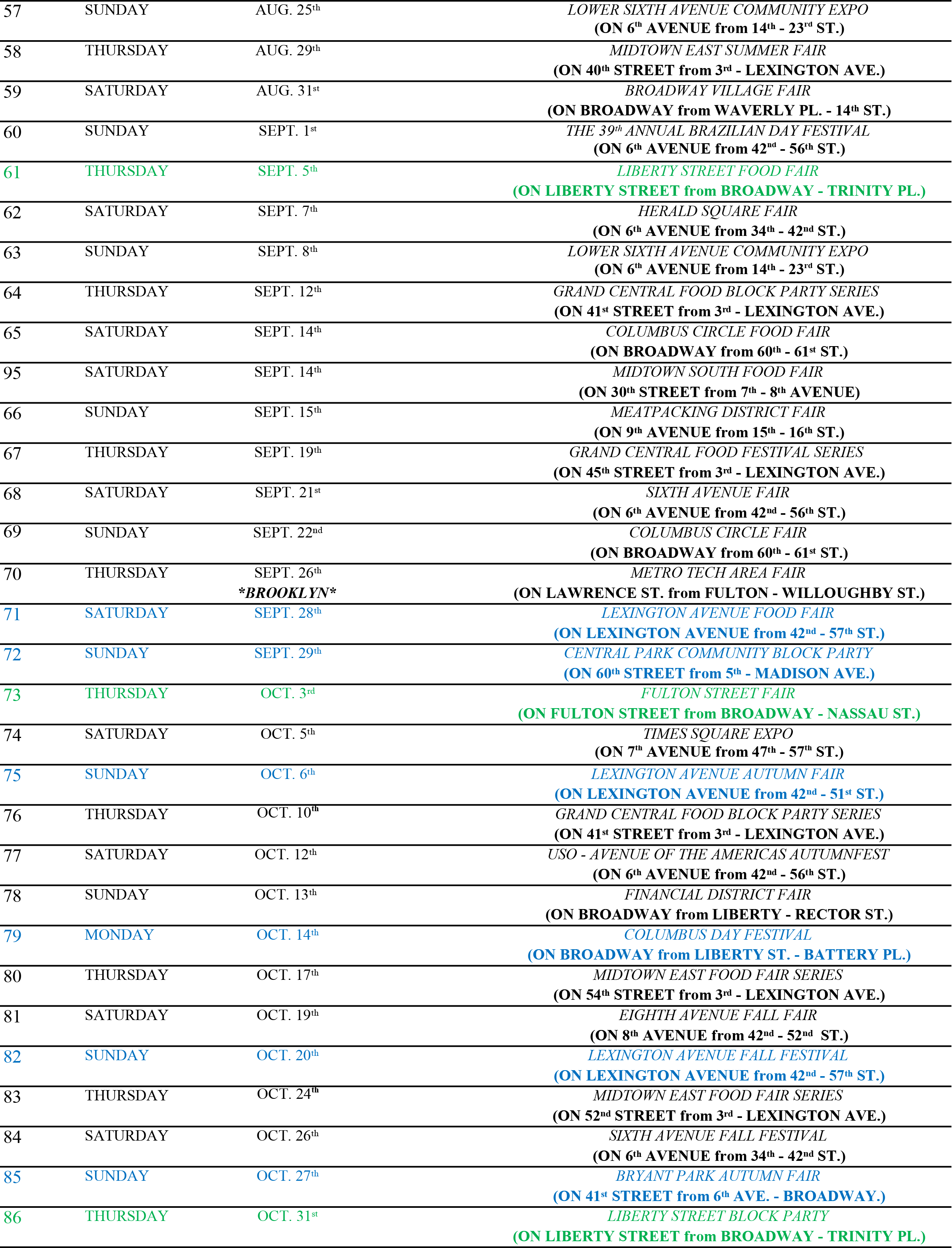 Event Schedule NYC street Fairs